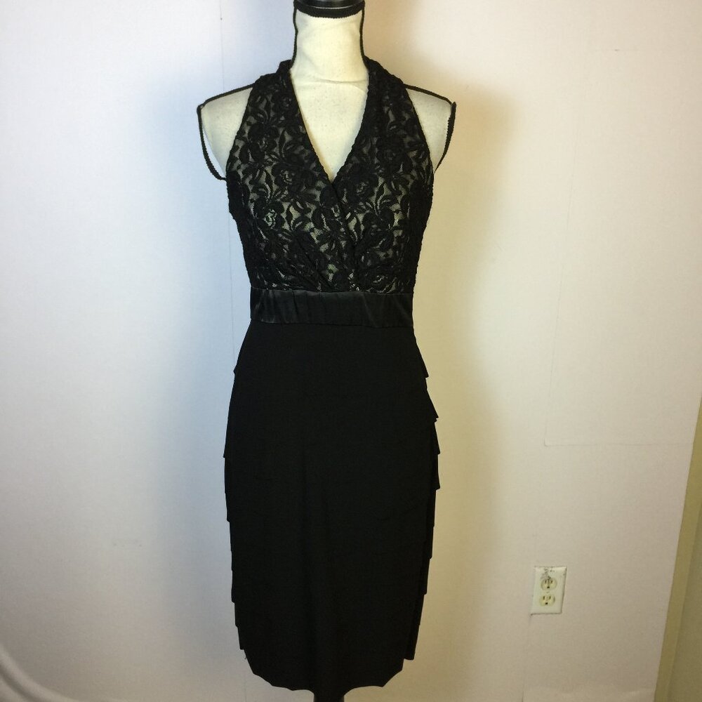 Evan Picone Sheath Dress Sz 4 Womans Black Lace Knit Layered Tiered Halter Neck